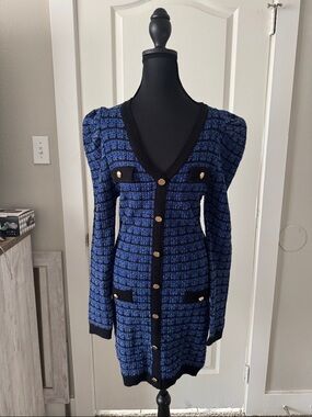Vici Royal Blue and Black Tweed Button-Front Dress
